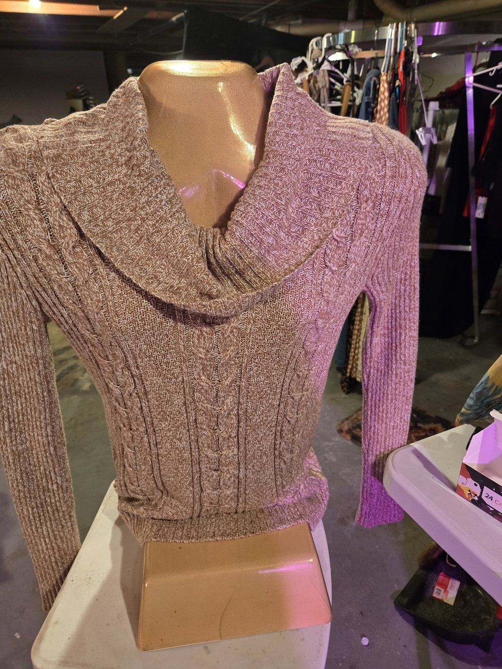 Faded Glory Taupe Cable Knit Cowl Neck Sweater